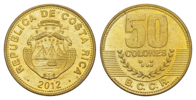 Коста-Рика 50 колонов 2012 KM 231.1b сталь плакированная латунью UNC 4642-936