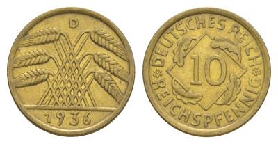 Германия 10 рейхспфеннигов 1936 D KM 40, J. 317 алюминиевая бронза 4549-1023