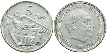 ИСПАНИЯ 5 ПЕСЕТ 1957 (62) ФРАНСИСКО ФРАНКО ДИКТАТОР ИСПАНИИ (1939-1975) KM 786 медно-никель 4395-354