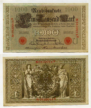 ГЕРМАНИЯ 1000 МАРОК 1910 КРАСНАЯ ПЕЧАТЬ, 7 ЦИФР В НОМЕРЕ Pick 44b бумага 2192-33-2