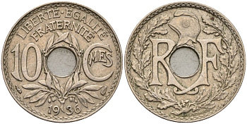 Франция 10 сантимов 1936 KM 866a, Le Franc 138.3 медно-никель 4143-1033