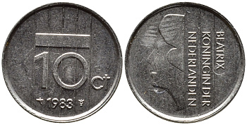 НИДЕРЛАНДЫ 10 ЦЕНТОВ 1983 БЕАТРИКС KM 203 никель 4392-431