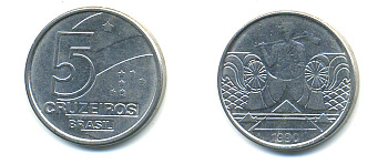 Бразилия 5 крузейро 1990 фермер KM 618.1 нержавеющая сталь aUNC 93-656