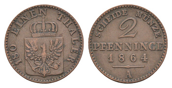 Пруссия 2 пфеннига 1864 A, Вильгельм I (1861-1888) KM 481, Jaeger 51, AKS 107, Olding 425 медь 4651-257