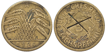 Германия 5 рейхспфеннигов 1924 A KM 39, J. 316 алюминиевая бронза 4602-1232