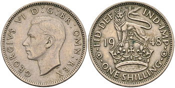 Великобритания 1 шиллинг 1948 Георг VI (1936-1952), Английский герб KM 863, Spink 4103 медно-никель 4126-447