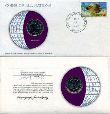 Филиппины 1 писо 1979 Хосе Рисаль, конверт с маркой первого дня гашения, Coins of Nations KM 209.2 медно-никель UNC 4294-26-2