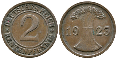 ГЕРМАНИЯ 2 РЕНТЕНПФЕННИГА 1923 D KM 31, J. 307 бронза 73-1013