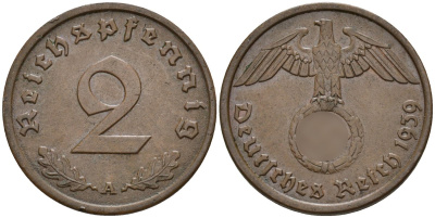 Германия 2 рейхспфеннига 1939 A KM 90, J. 362 бронза 4151-128