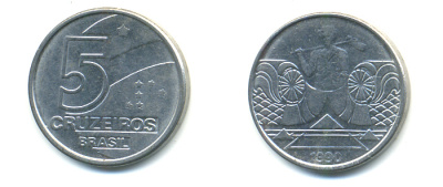 Бразилия 5 крузейро 1990 фермер KM 618.1 нержавеющая сталь aUNC 93-656