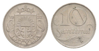 Латвия 10 сантимов 1922 год-тип KM 4 никель 4658-1226
