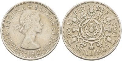 Великобритания 2 шиллинга (флорин) 1962 Елизавета II (1952-2022) KM 906, Spink 4146 медно-никель 215-231