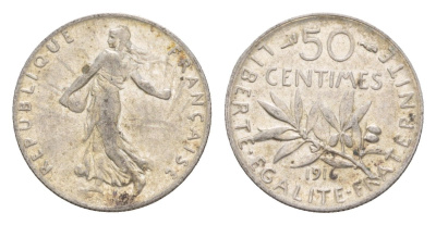 Франция 50 сантимов 1916 KM 854 серебро 4655-633