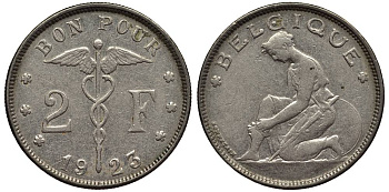 БЕЛЬГИЯ 2 ФРАНКА 1923 BELGIQUE, СОСТОЯНИЕ, АЛЬБЕРТ I (1909-1934) KM 91.1 никель XF 4545-1211