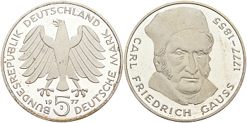 ФРГ 5 марок 1977 J, 200 лет со дня рождения Карла Фридриха Гаусса KM 145, J.420 серебро PROOF 02-230-43