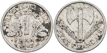 Франция 1 франк 1943 LB, тип Lourde, правительство Виши KM 902.1 алюминий 4142-923