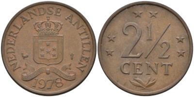 Нидерландские Антилы 2 1/2 цента 1978 Юлиана (1948-1980) KM 9 бронза 4595-432