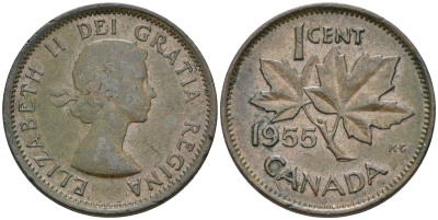 Канада 1 цент 1955 WITHOUT STREP, Елизавета II, кленовый лист KM 49 бронза    4115-745