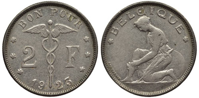 БЕЛЬГИЯ 2 ФРАНКА 1923 BELGIQUE, СОСТОЯНИЕ, АЛЬБЕРТ I (1909-1934) KM 91.1 никель XF 4545-1211