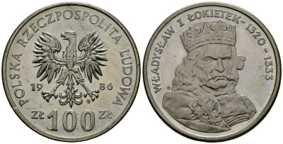 Польша 100 злотых 1986 MW, серия польские правители, Владислав I Локетек (1320-1333) KM 160, Parchimowicz 413b медно-никель 4168-916