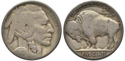 США 5 ЦЕНТОВ 1925 ИНДЕЕЦ, БИЗОН KM 134 медно-никель 27-626