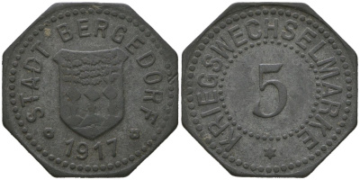 Бергедорф (Гамбург) 5 пфенингов 1917 Funck 36.1, Men05 1771.1, Men18 2289.1 цинк 4525-1246