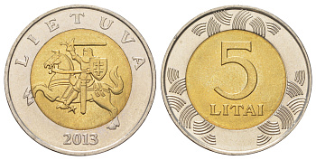 Литва 5 лит 2013 KM 113 биметалл UNC 4624-732