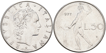 Италия 50 лир 1977 R, бог огня Вулкан у наковальни KM 95.1 нержавеющая сталь    4603-224