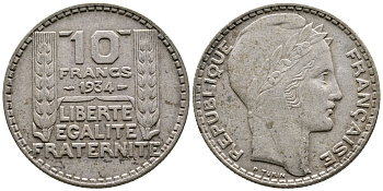 Франция 10 франков 1934 Пьер Тюрен KM 878, Le Franc 360.7 серебро 60-1133