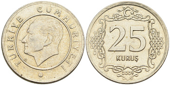 Турция 25 курушей 2009 Кемаль Ататюрк KM 1242 медь никель цинк 4573-854