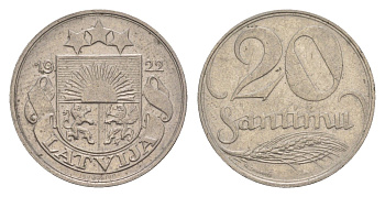 Латвия 20 сантимов 1922 год-тип KM 5 никель 4658-1245