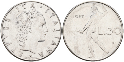 Италия 50 лир 1977 R, бог огня Вулкан у наковальни KM 95.1 нержавеющая сталь    4603-224