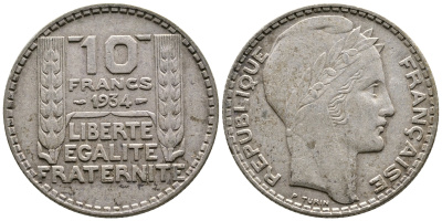 Франция 10 франков 1934 Пьер Тюрен KM 878, Le Franc 360.7 серебро 60-1133