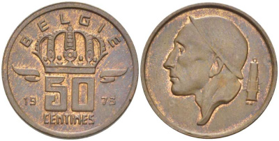Бельгия 50 сантимов 1973 Belgie, Бодуэн I (1951-1993) KM 149.1 бронза 206-153