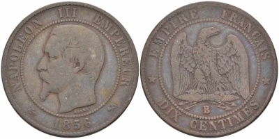 Франция 10 сантимов 1856 B, Наполеон III (1852-1870) KM 771.2, Le Franc 133.33 бронза    4680-544