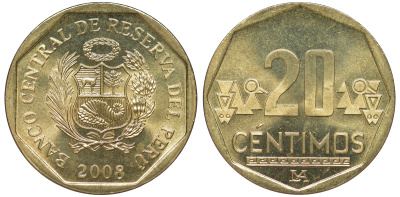 Перу 20 сентимо 2008 KM 306.4 латунь aUNC 4605-532