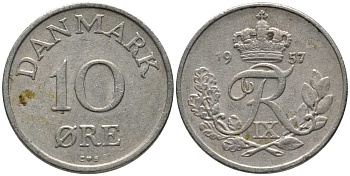 ДАНИЯ 10 ЭРЕ 1957 C; S, ФРЕДЕРИК IX (1947-1972) KM 841.2 медно-никель 116-217