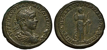 Римская Империя, Провинция Нижняя Мезия, Маркианополь пентассарий 218 - 222 Элагабал, бюст императора / Немезида, 9,51 гр Varbanov 1476 медь 1073-7-65