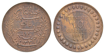 Тунис 10 сантимов 1917 A KM 236 бронза 4634-844