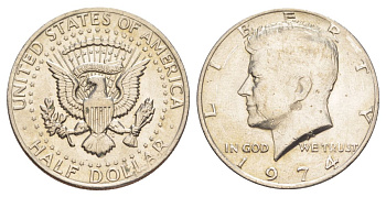 США 1/2 доллара (50 центов) 1974 Джон Кеннеди KM 202b медь плакированная медно-никелем aUNC 4536-842