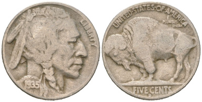 США 5 центов 1935 D, индеец, бизон KM 134 медно-никель 4614-1218