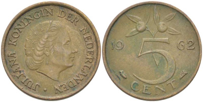 НИДЕРЛАНДЫ 5 ЦЕНТОВ 1962 ЮЛИАНА (1948-1980) KM 181 бронза 213-1036