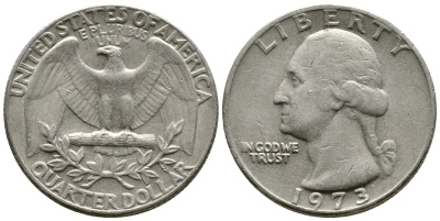 США 25 центов (квотер) 1973 Вашингтон KM 164а медь плакированная медно-никелем 57-622