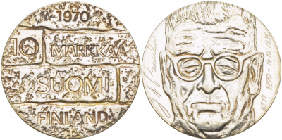 Финляндия 10 марок 1970 S-H, день рождения президента Юхо Паасикиви KM 51 серебро UNC 1515-1412