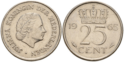 Нидерланды 25 центов 1965 Юлиана (1949-1980) KM 183 никель    4598-425
