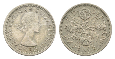 Великобритания 6 пенсов 1963 Елизавета II (1952-2022) KM 903, Spink 4149 медно-никель 4643-468