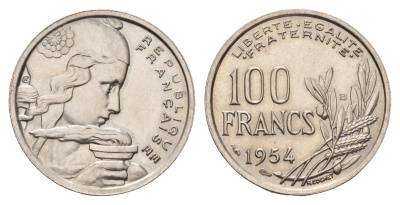 Франция 100 франков 1954 KM 919.1, Le Franc 450.2 медно-никель UNC 4675-755