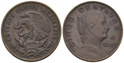 Мексика 5 сентаво 1967 Мо, Жозефа Ортис де Домингес KM 426 латунь 4609-342