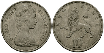Великобритания 10 пенсов 1969 Елизавета II (1952-2022) KM 912, Spink 4231 (F1) медно-никель 4137-342