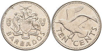 Барбадос 10 центов 1980 смеющаяся (Ацтекская) чайка KM 12 медно-никель 4392-913